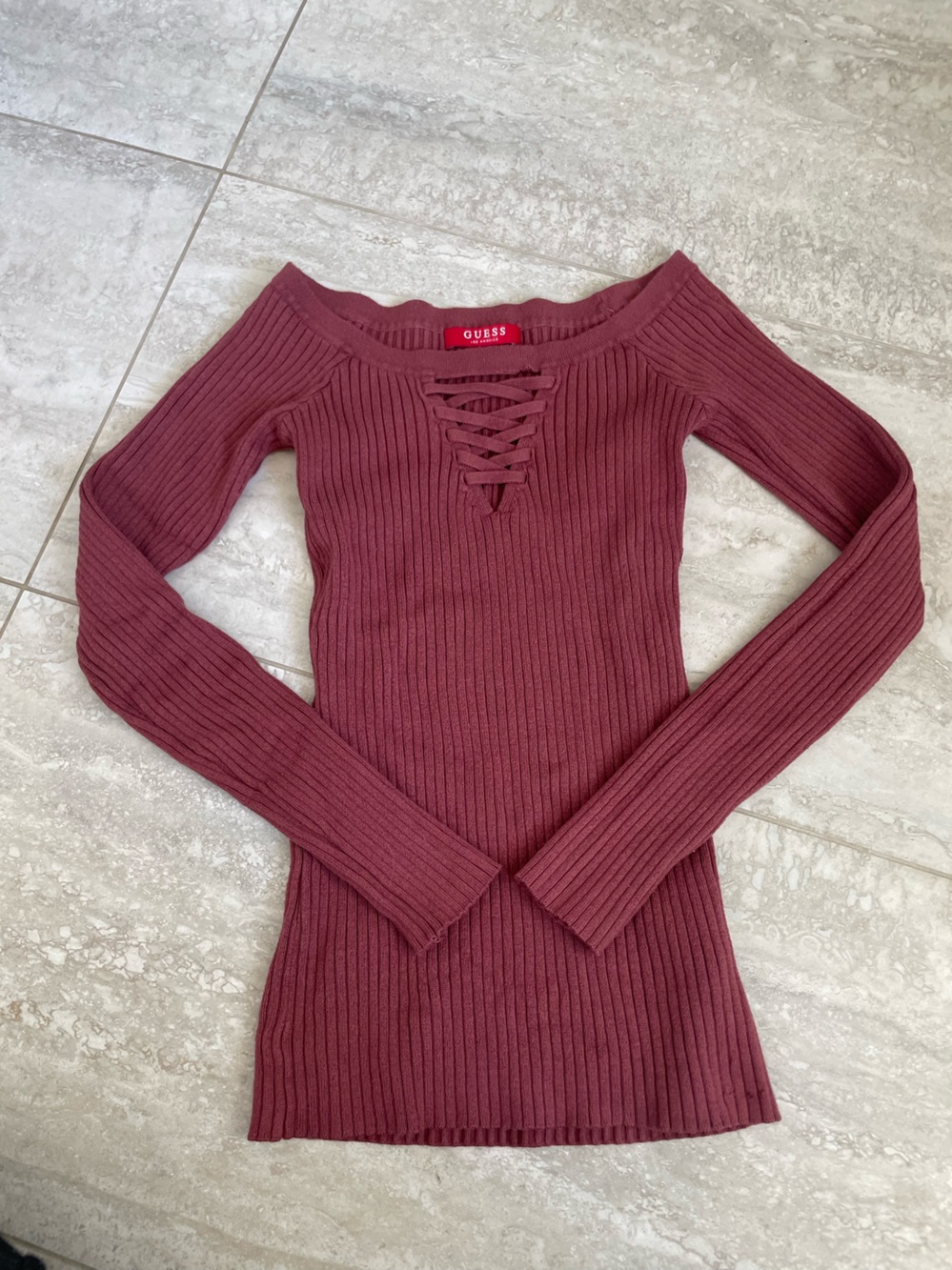 Guess Ribbed Lace-Up Crewneck Sweater - dusty rose